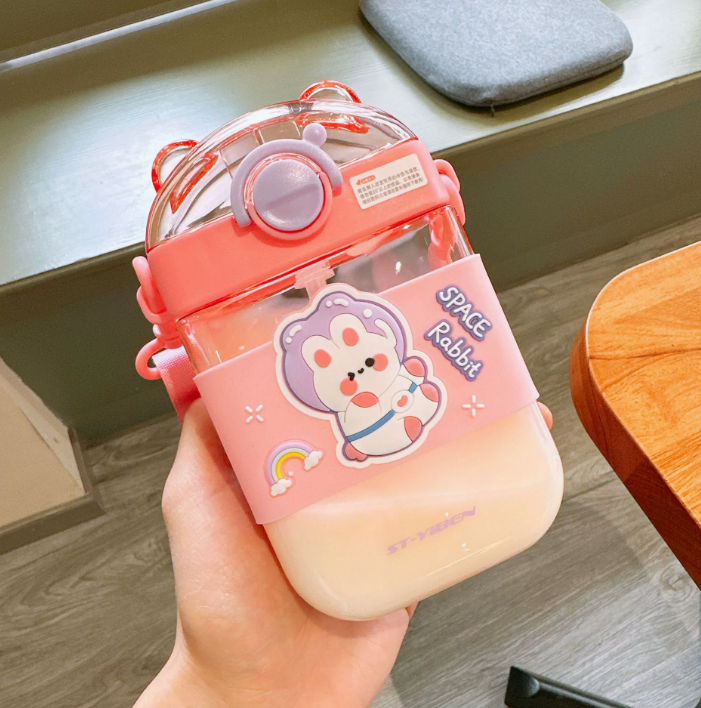 Kids Cute Square Straw Water Bottle 470ml